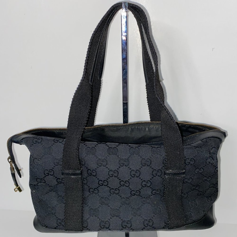 Gucci Black GG Monogram Canvas Leather Trim Tote Bag - Picture 2 of 5